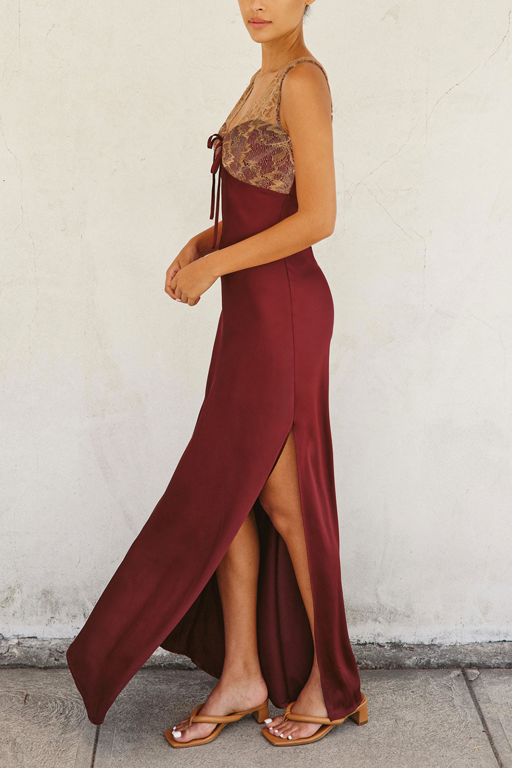 Evara Burgundy Maxi Satin Slip Dress w/ Lace | Boutique 1861 model