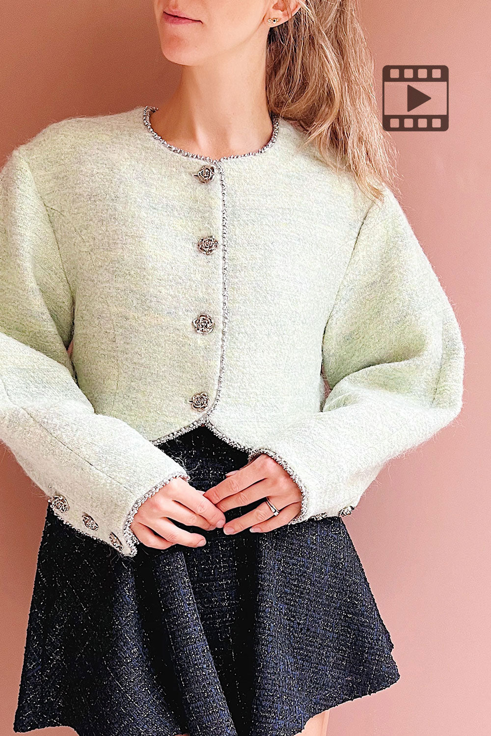 person wearing Cendrine sage Tweed Blazer from Boutique 1861