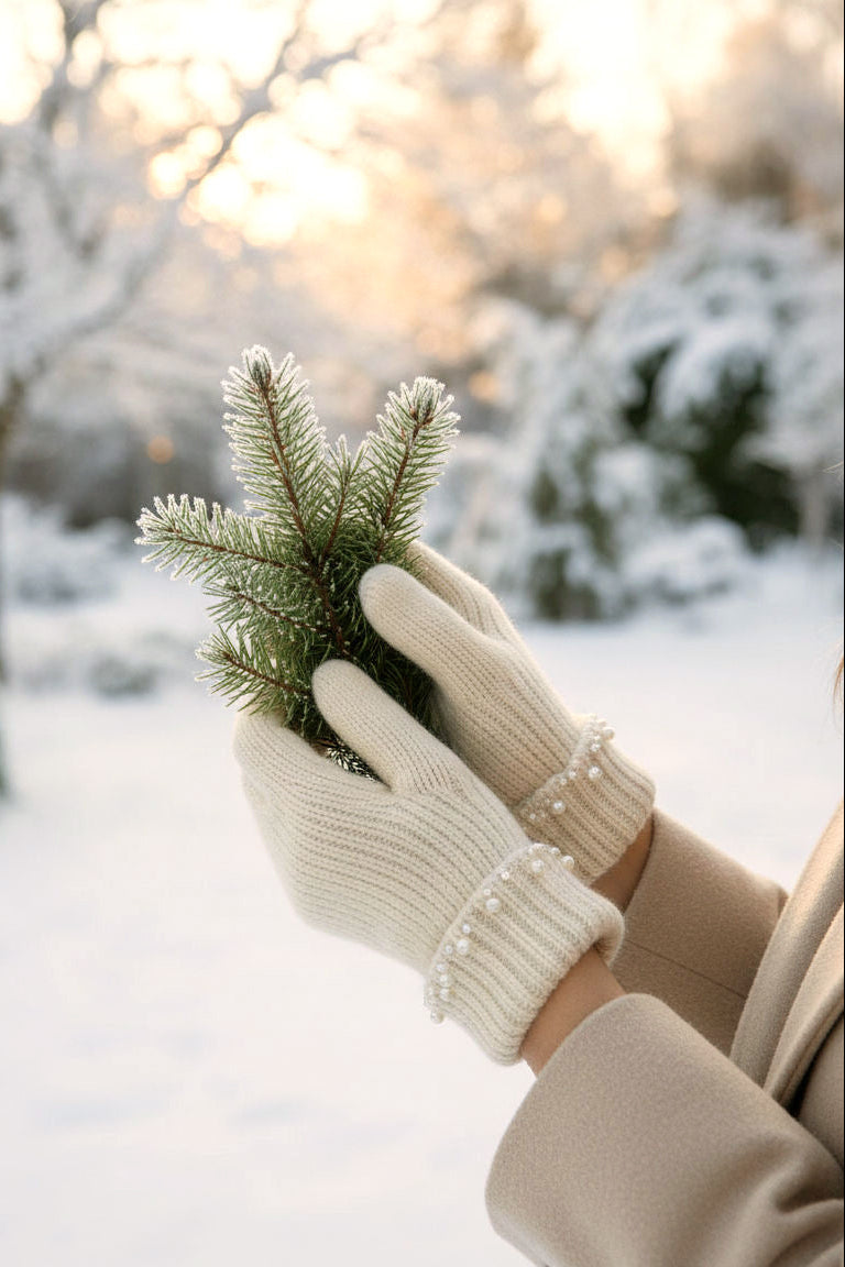 Person wearing beige gloves with pearl named Dollop from la petite garçonne