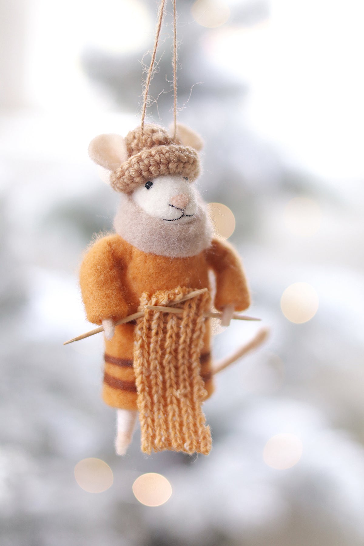 lifestyle view of knitting nellie Senior Holiday Mouse Ornament - 3 Options at Holiday Ornament