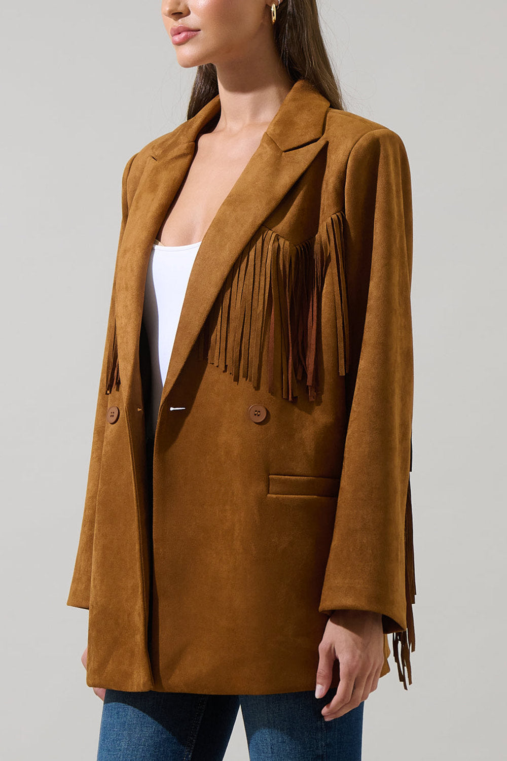 Aiken Brown Faux Suede Jacket with Fringes | La petite garçonne side model