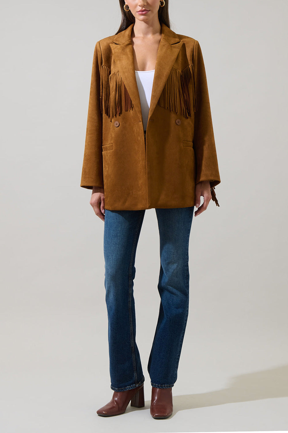 Aiken Brown Faux Suede Jacket with Fringes | La petite garçonne view model