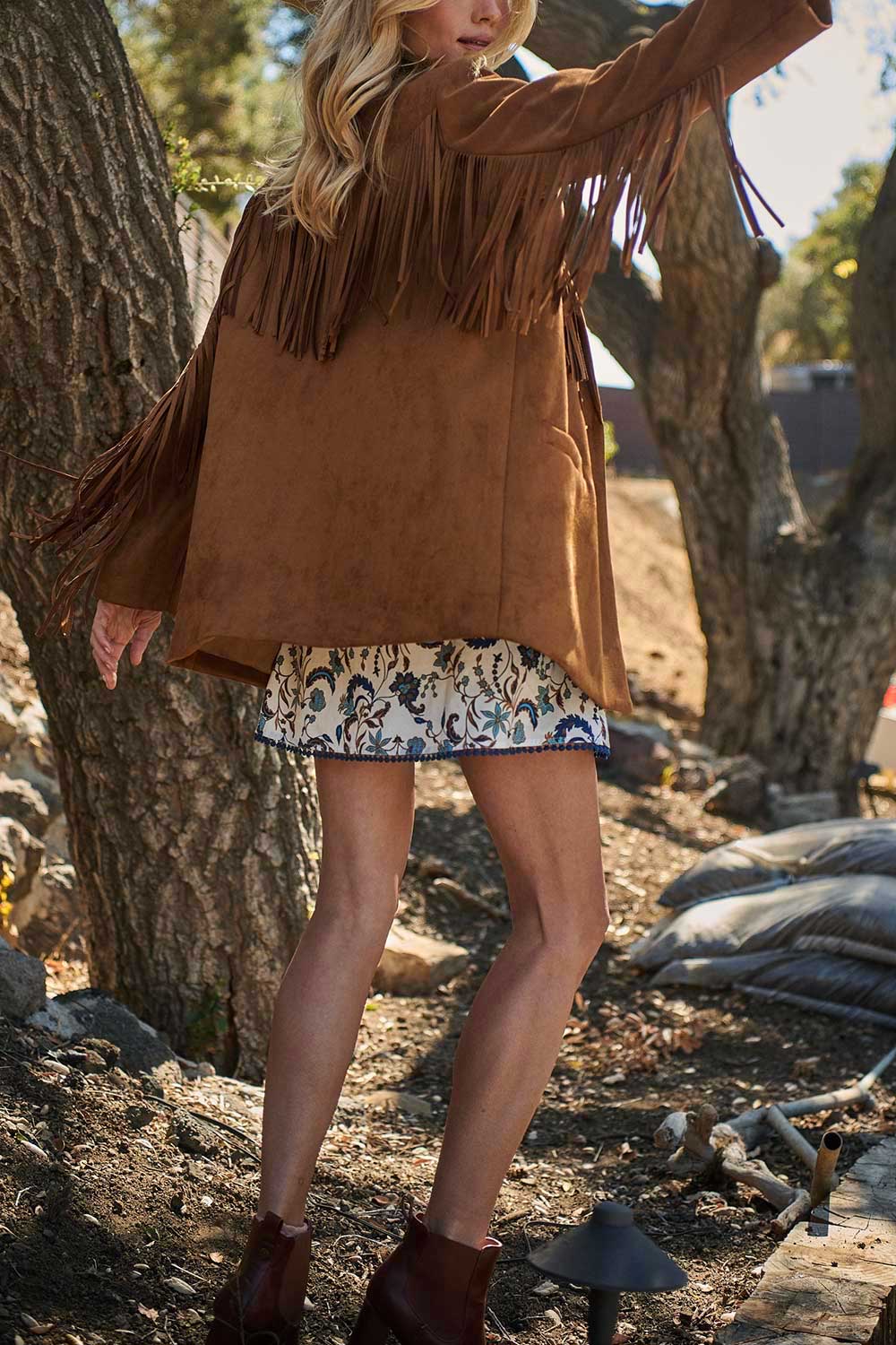 Aiken Brown Faux Suede Jacket with Fringes | La petite garçonne model