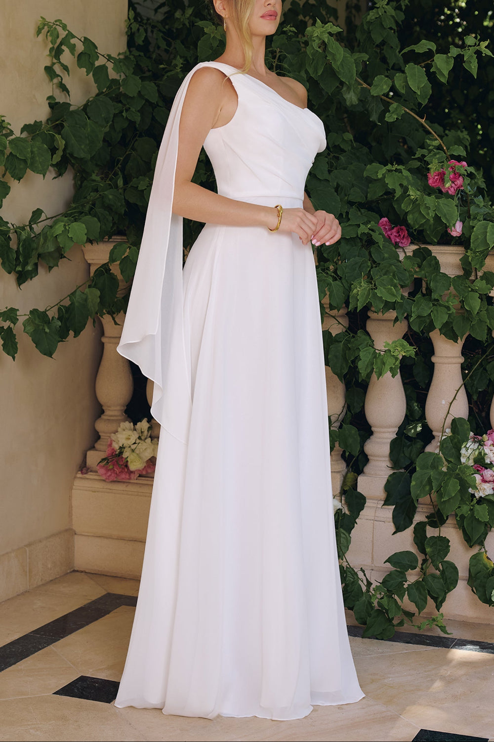 Profile of a Woman wearing Alexandra, a white one-shoulder dress from Boudoir 1861