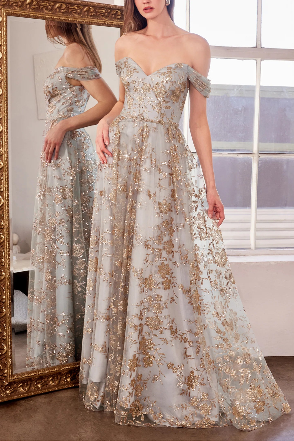 women wearing Alienor Grey Glittery Off the Shoulder Maxi Dress from Boutique 1861