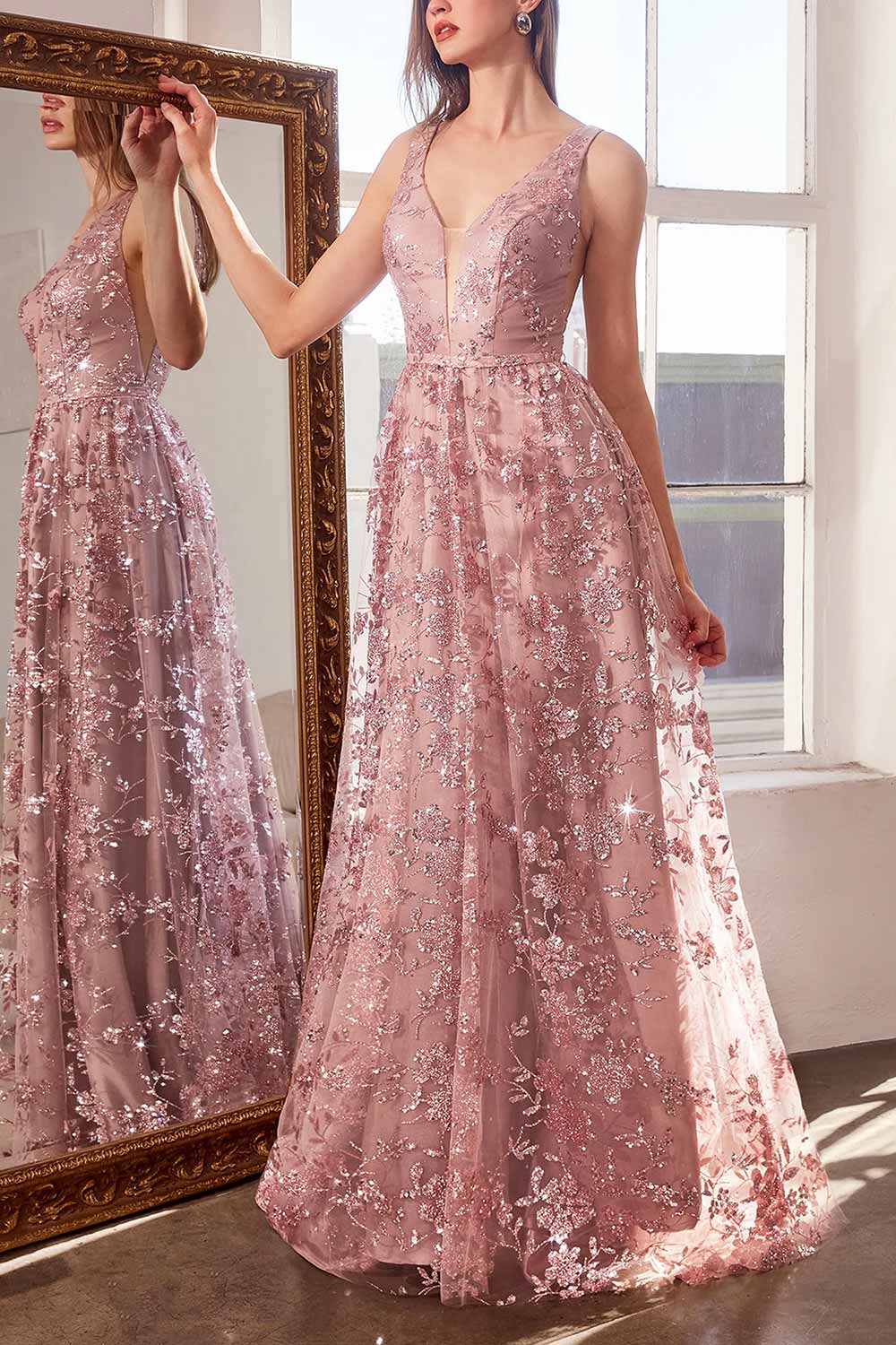 Alix Mauve Glittery V-Neck Maxi Dress | Boutique 1861 front view on model