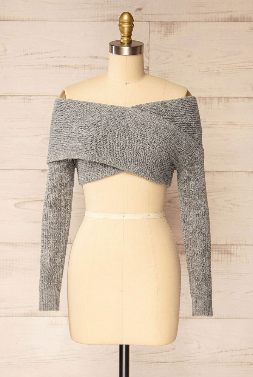 Ameca Grey Knitted Convertible Crop Top | La petite garçonne front view