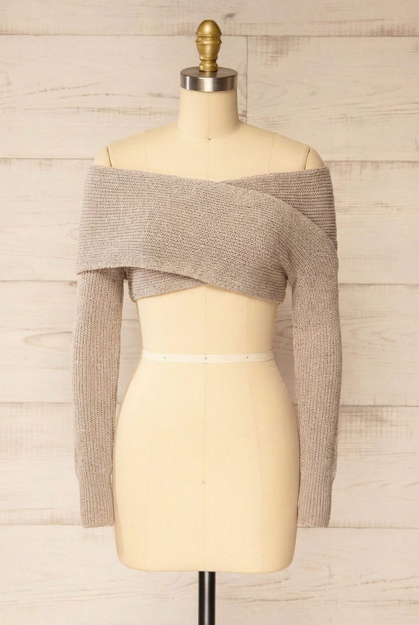 Ameca Taupe Knitted Convertible Crop Top | La petite garçonne front view