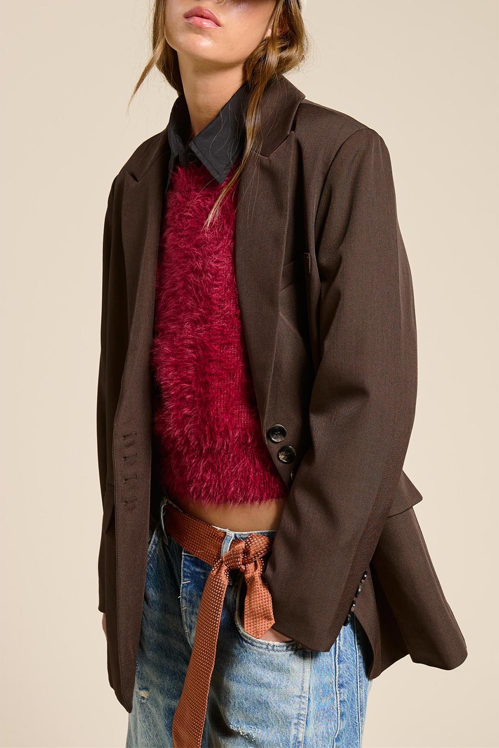 front of a woman wearing Aosta Brown Oversized Blazer with Back-Tie from La petite garçonne