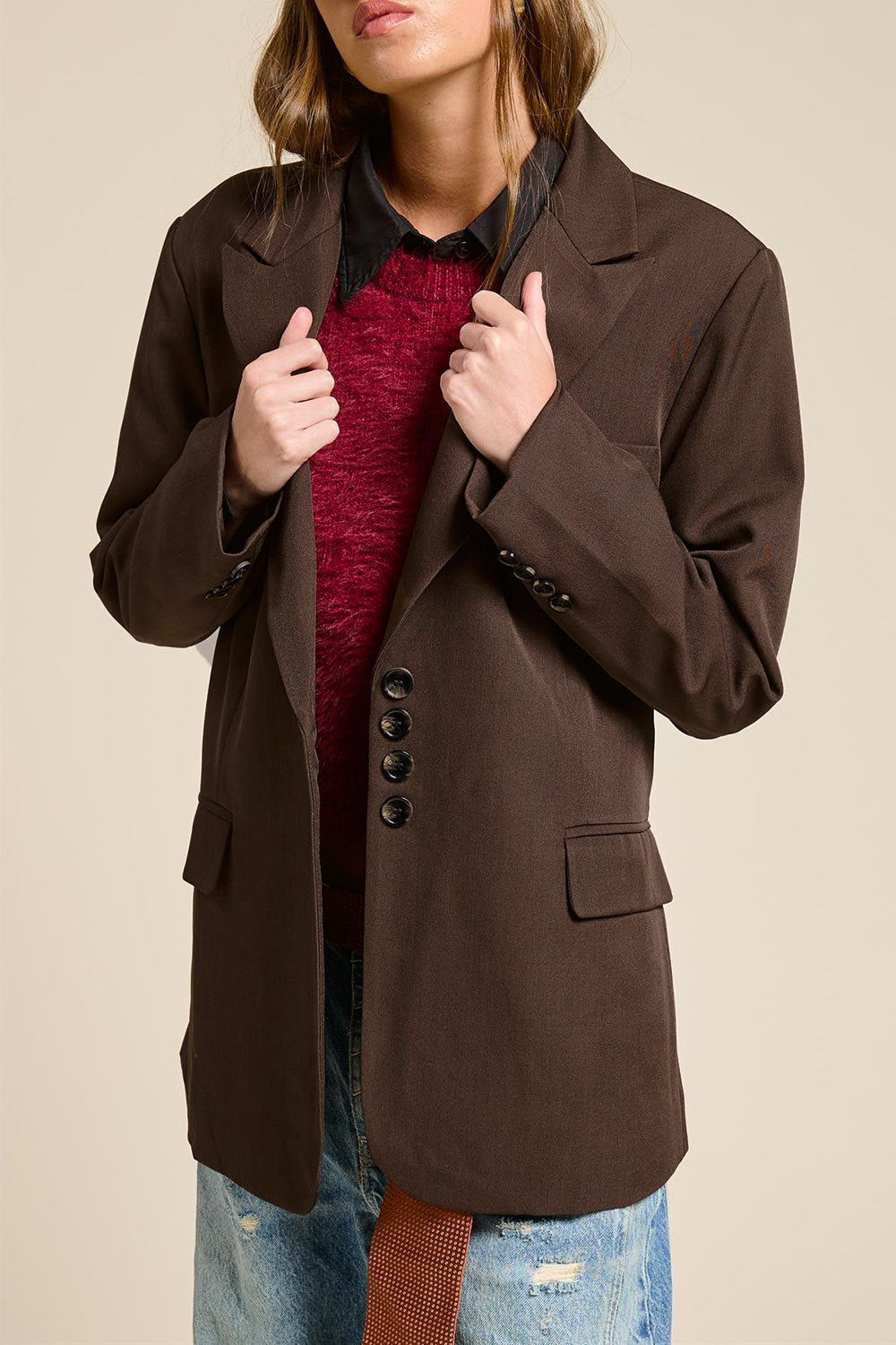 front view of a woman wearing Aosta Brown Oversized Blazer with Back-Tie from La petite garçonne