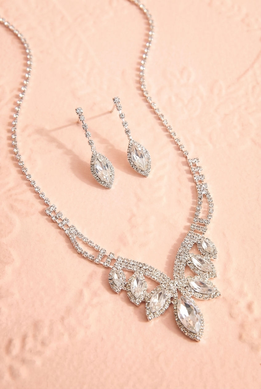Top shot of a silver gemstone earrings and a matching necklace called Artee from boutique 1861.