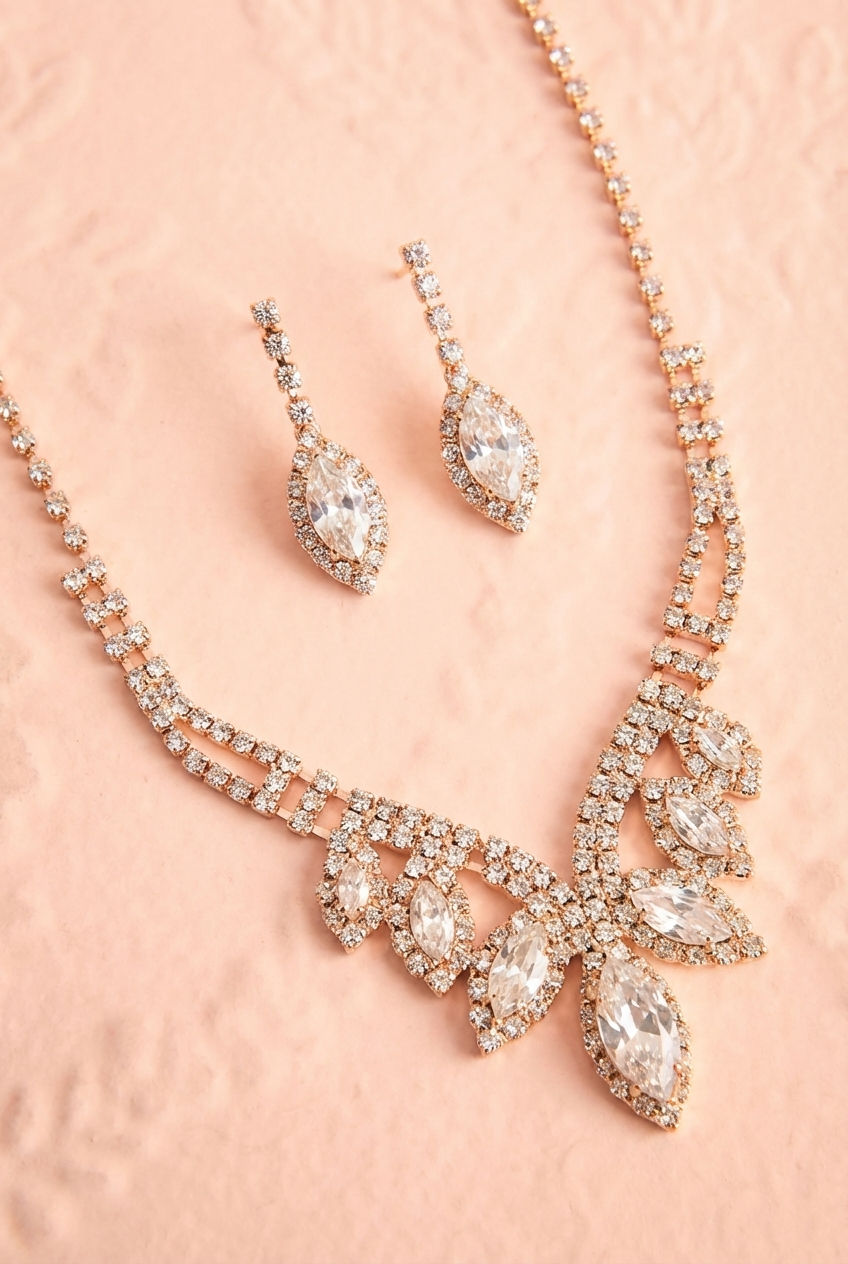 close-up a gold gemstone earrings and a matching necklace called Artee from boutique 1861.