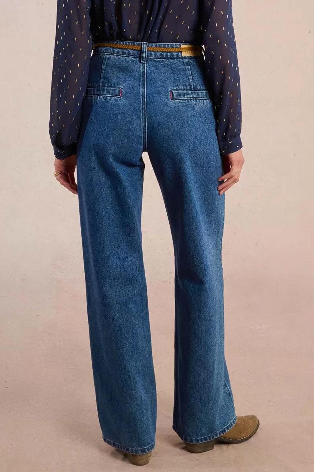 Avellino Blue Denim Pants with Belt | La petite garçonne back model