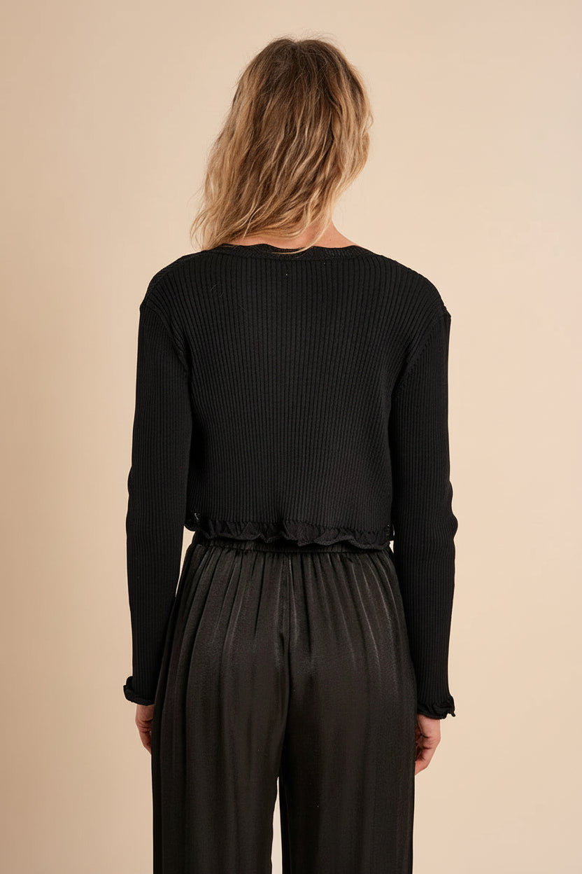 back view woman wearing Averie Black Cropped Knit Bolero with Scalloped Edges from boutique 1861.