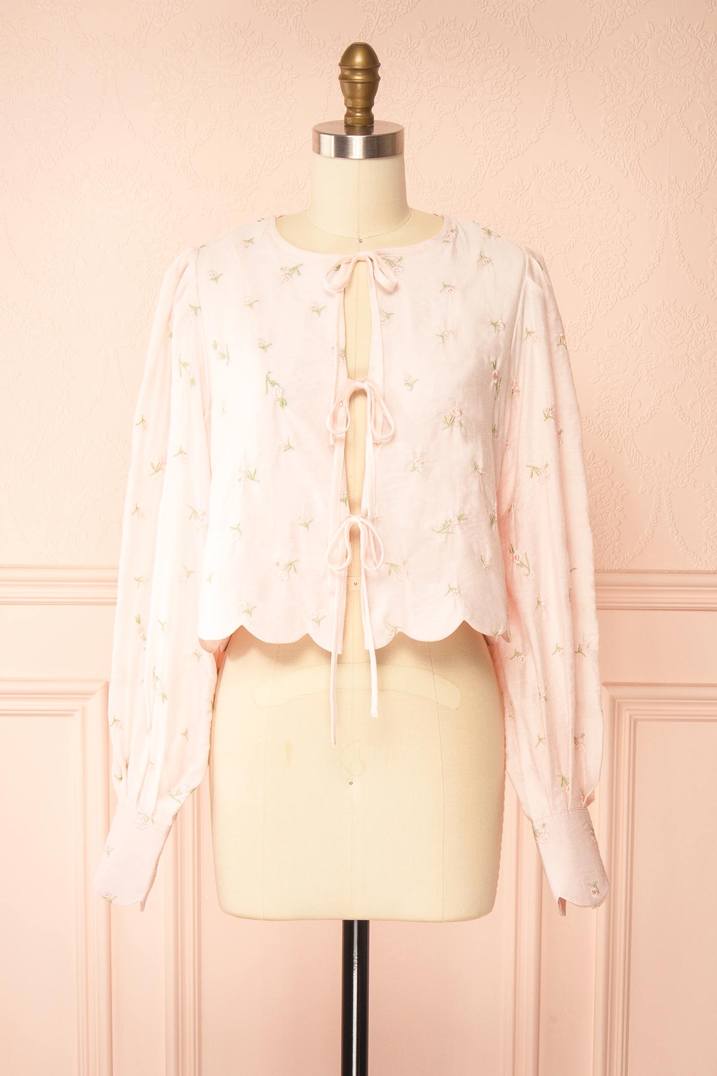 Abbette Pink Floral Embroidered Tie-Front Top with Scalloped Trim | Boutique 1861 front view