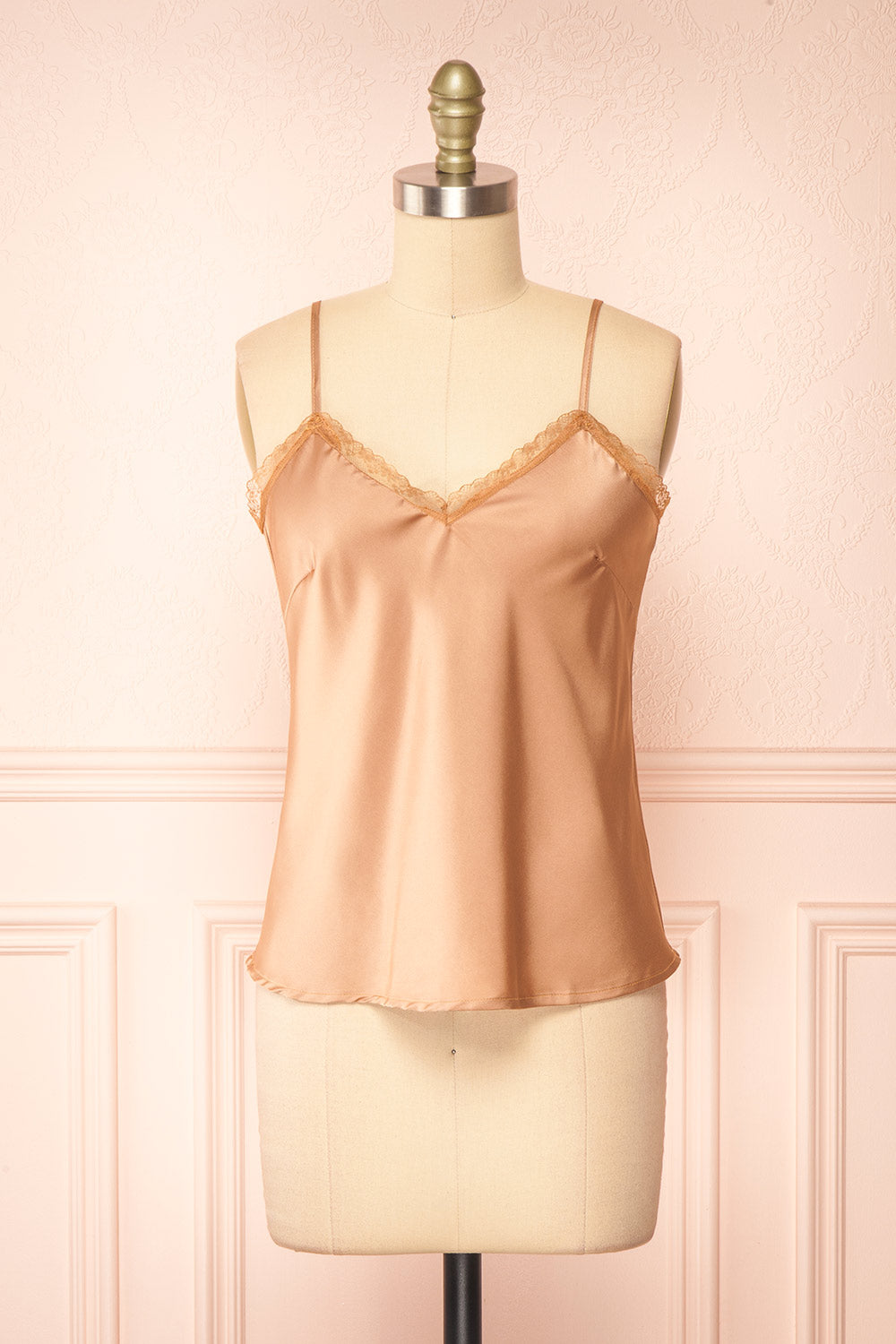 Alexa Caramel Satin Cami Top w/ Lace Trim Boutique 1861