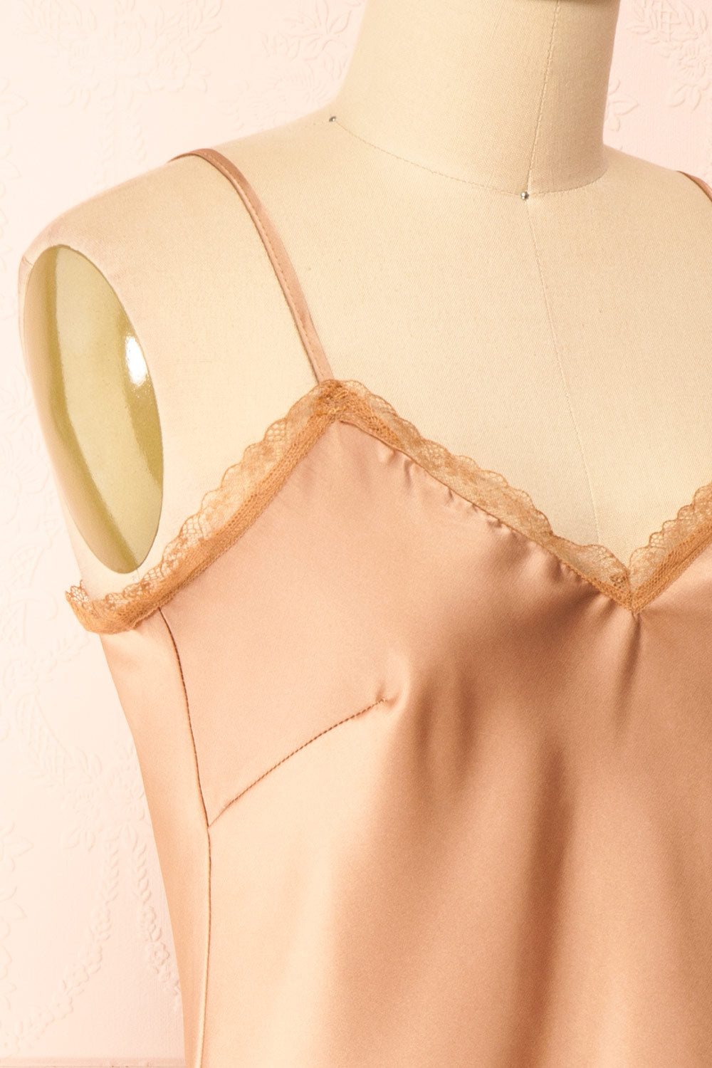 Alexa Caramel Satin Cami Top w/ Lace Trim | Boutique 1861 side close-up