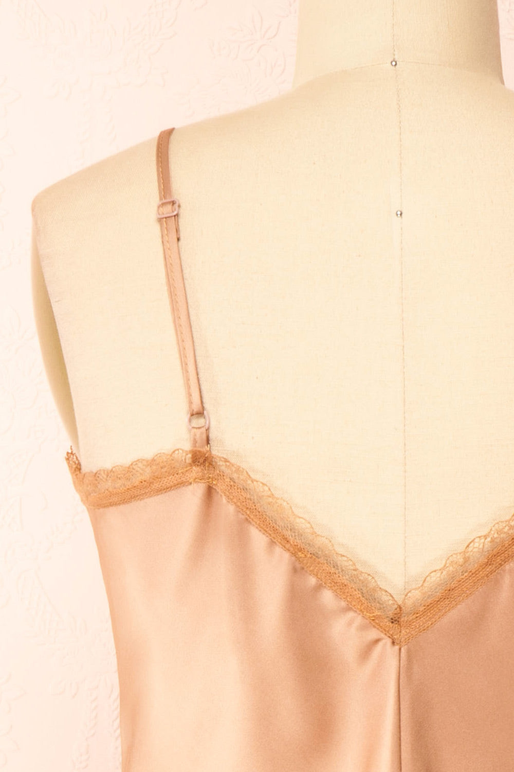 Alexa Caramel Satin Cami Top w/ Lace Trim | Boutique 1861 back close-up
