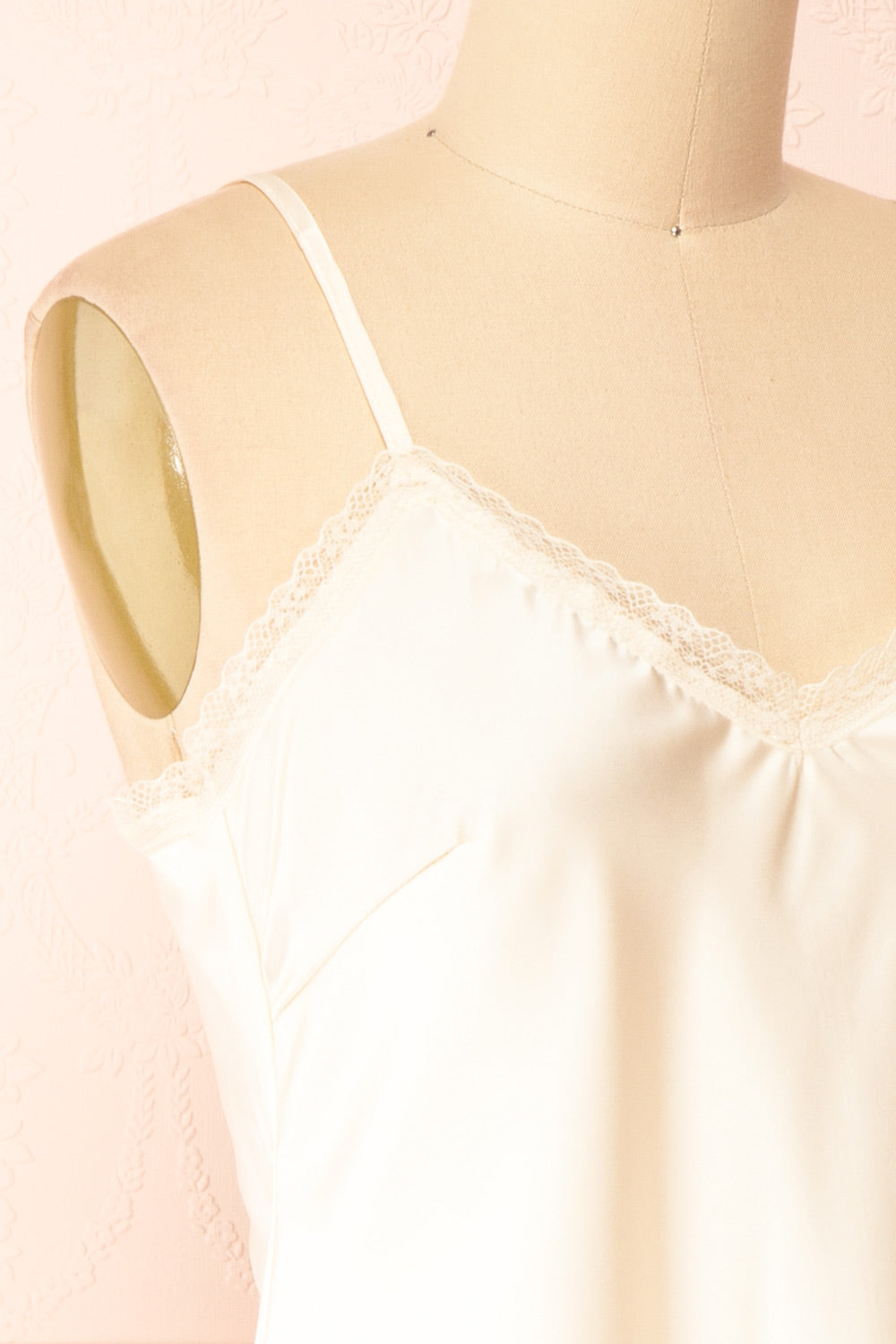 Alexa Ivoire Satin Cami Top w/ Lace Trim | Boutique 1861 side close-up