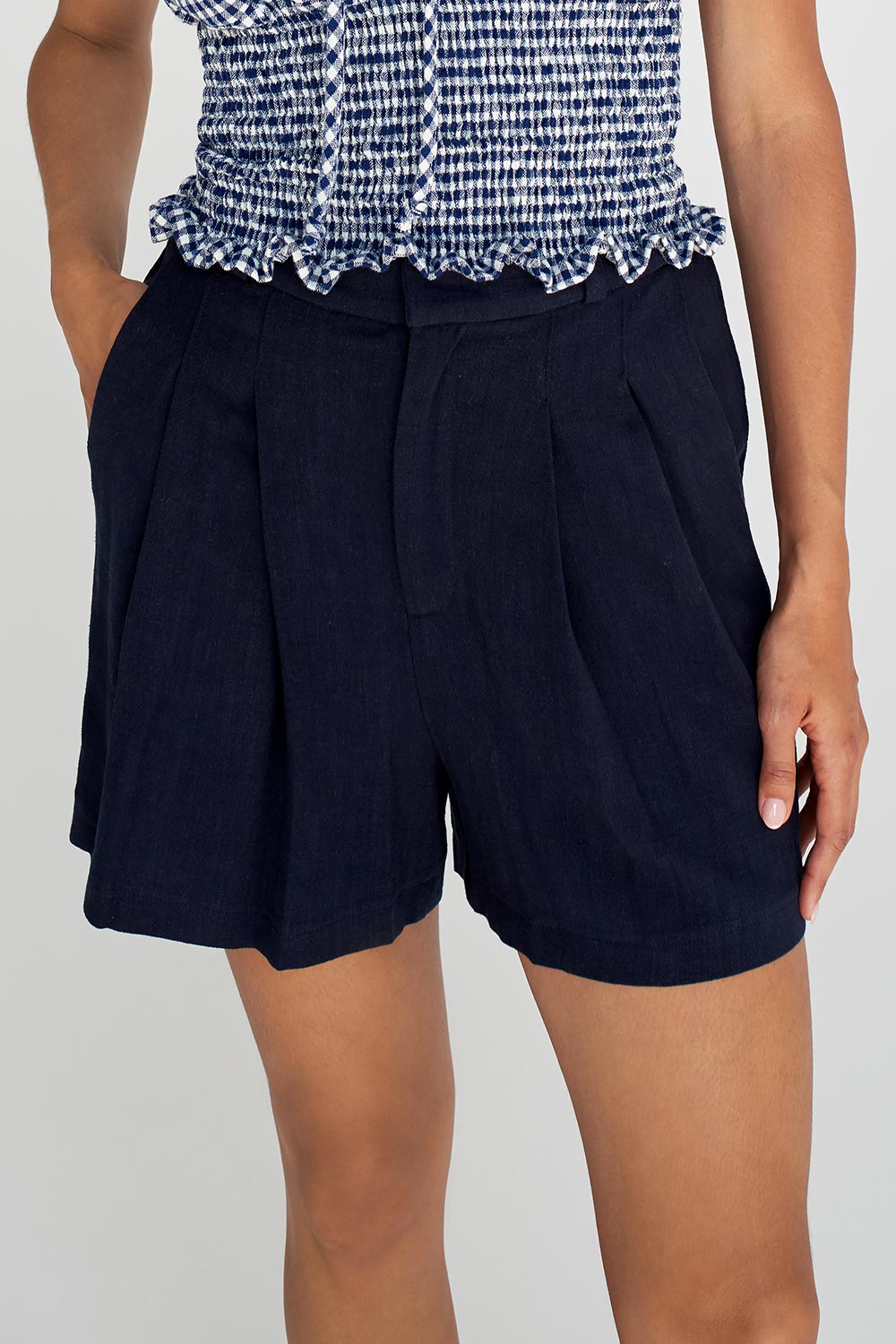Grayce Navy High-Waisted Shorts by Dailystory | La petite garçonne close-up