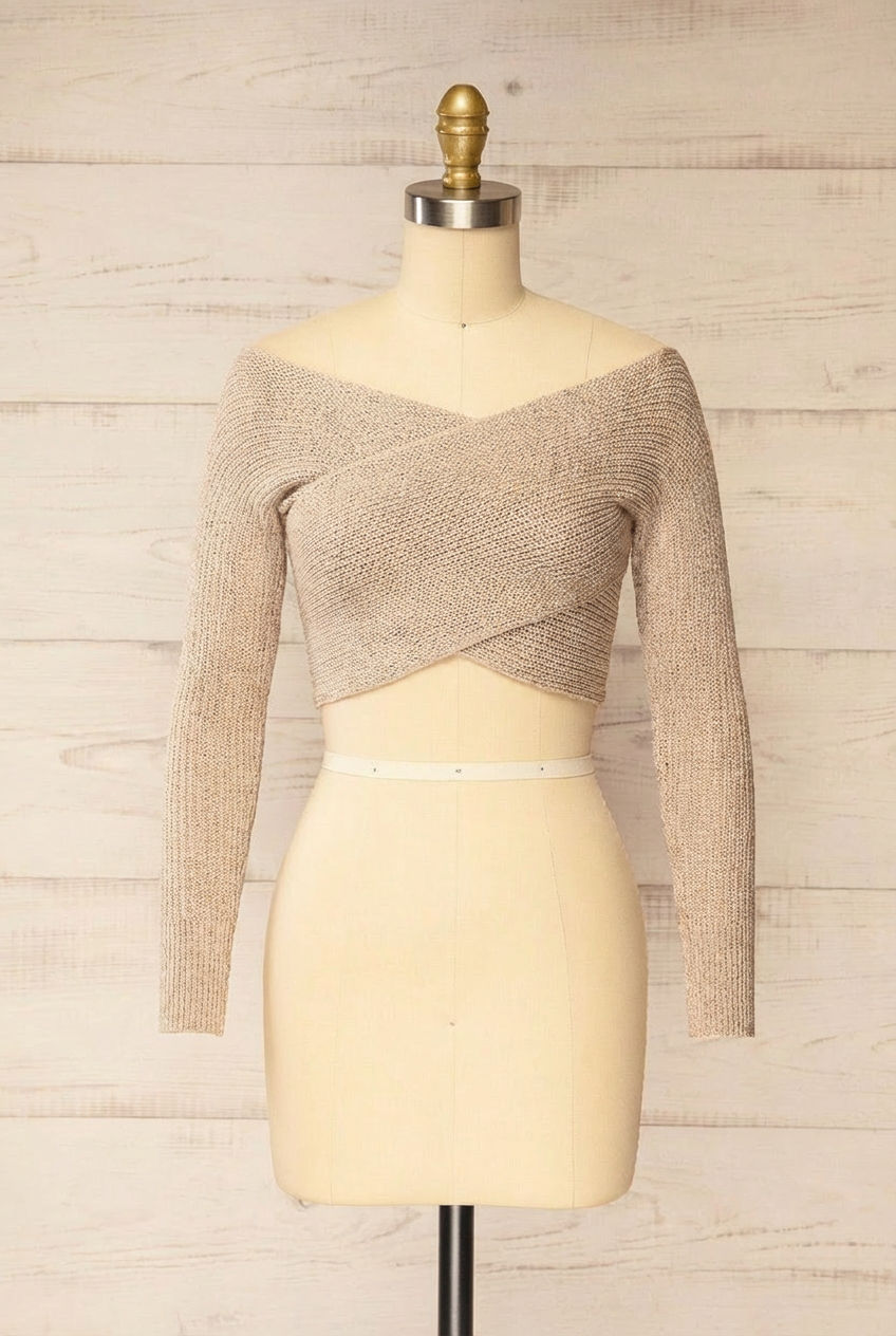 Ameca Taupe Knitted Convertible Crop Top | La petite garçonne front view