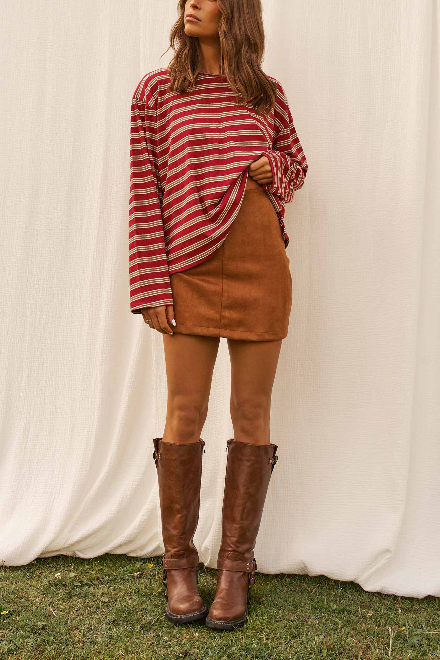 view of a woman wearing Miley Skirt Caramel Faux Suede Short Skirt by Dailystory from La petite garçonne
