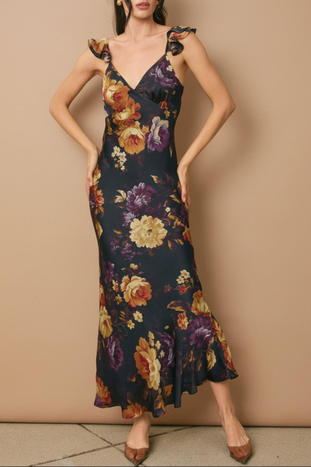 Front view of a woman wearing the Angella Floral Satin Dress from Boutique 1861