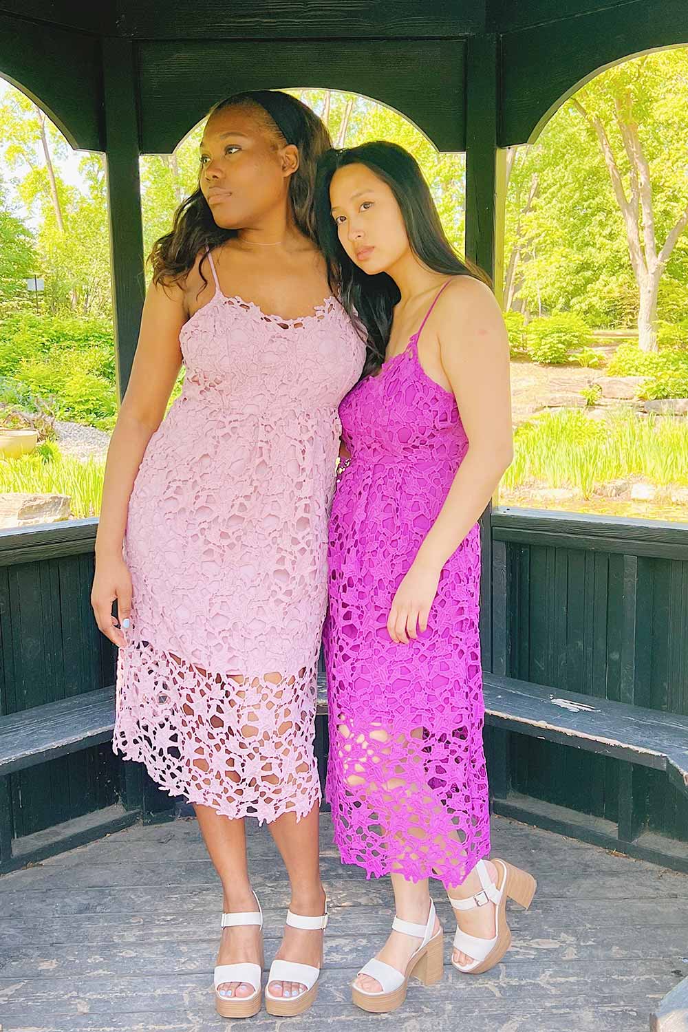 Avelina Mauve Lace Midi Dress | Boutique 1861 on model