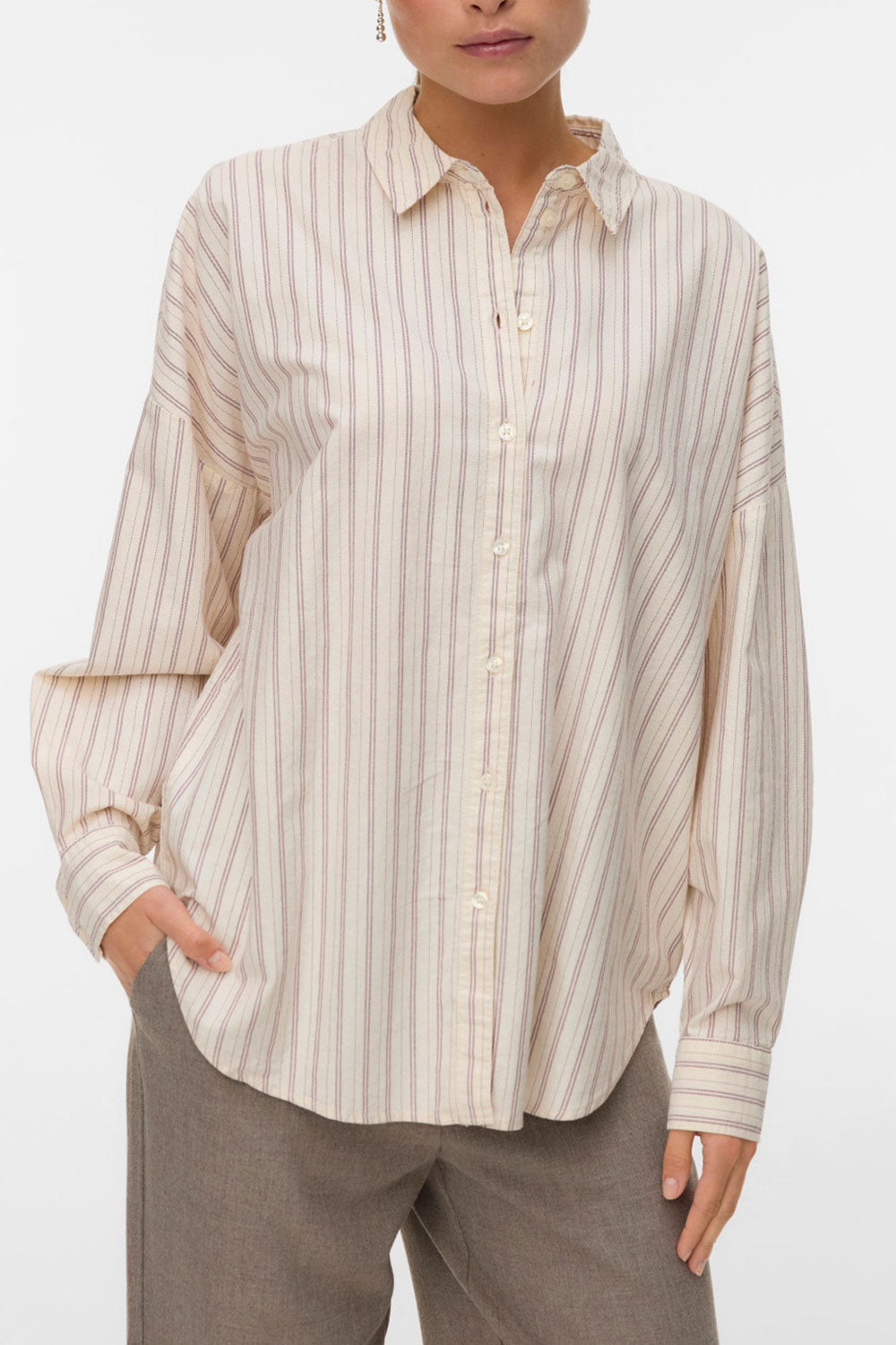 Woman wearing Bahamas Striped Button-Up Cotton Shirt | La petite garçonne front view