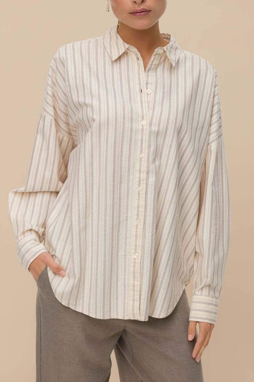 Woman wearing Bahamas Striped Button-Up Cotton Shirt | La petite garçonne front view