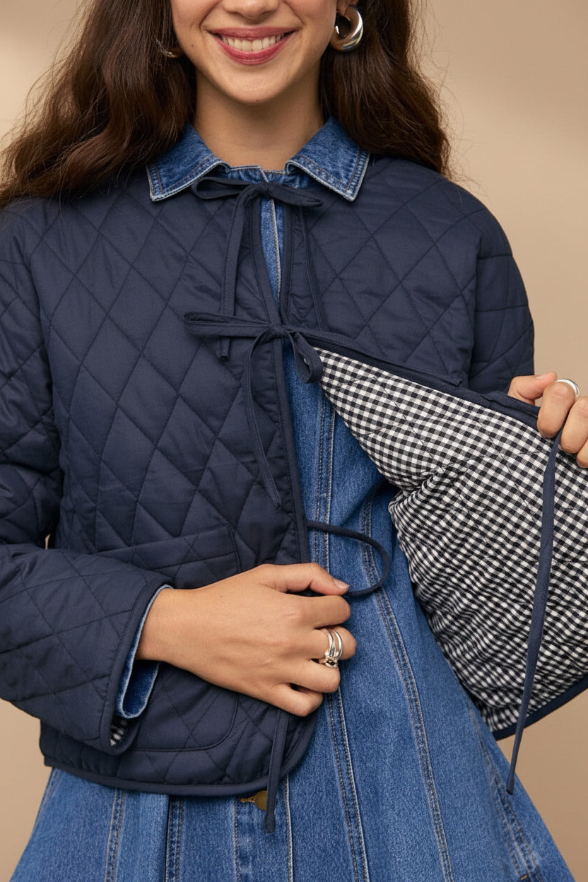 Ballia | Reversible Navy Gingham Jacket with Front-Ties