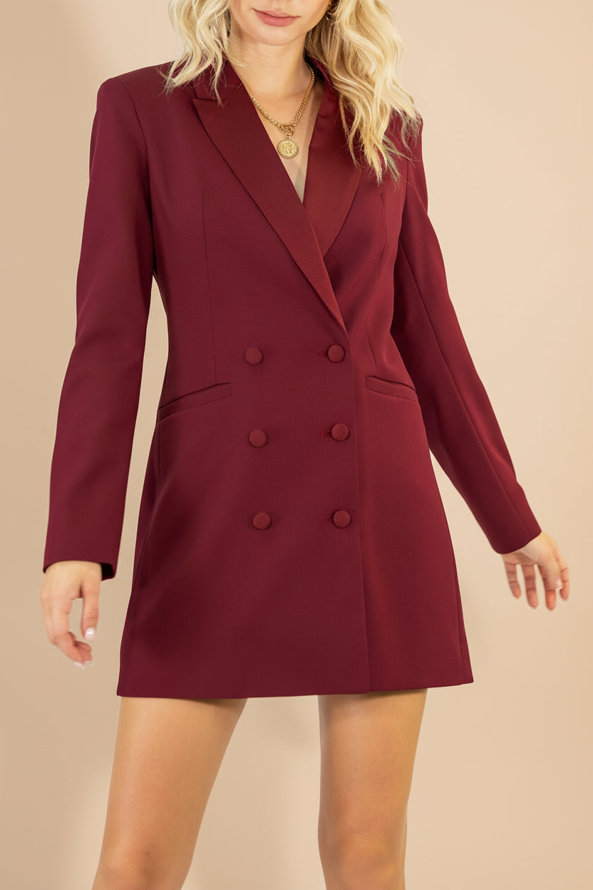 front of a woman wearing Barrameda Burgundy Double-Breasted Blazer Dress from La petite garçonne