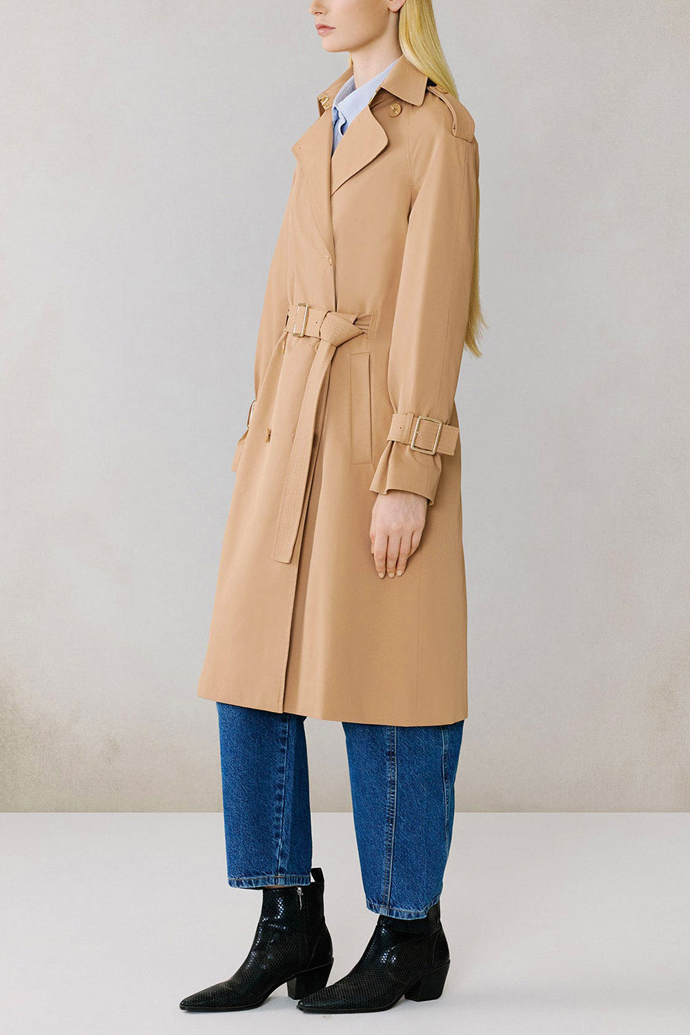 Beckie Long Beige Coat with Belt | La petite garçonne side model