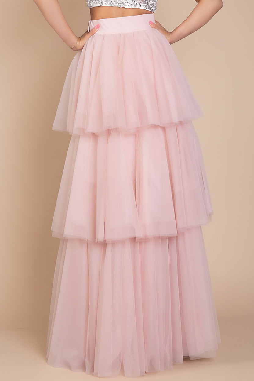 back of woman wearing Bettany Pink Tiered Tulle Skirt from Boutique 1861
