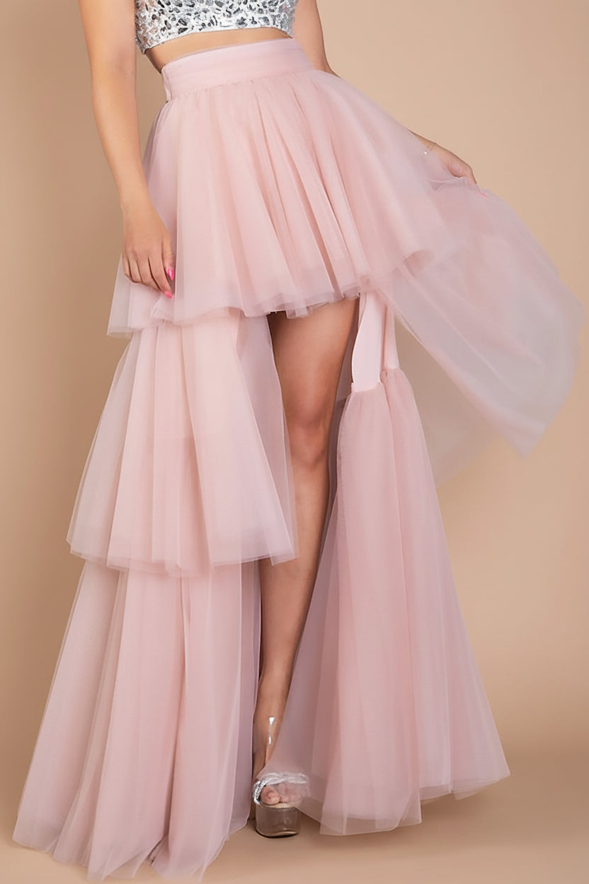front of woman wearing Bettany Pink Tiered Tulle Skirt from Boutique 1861