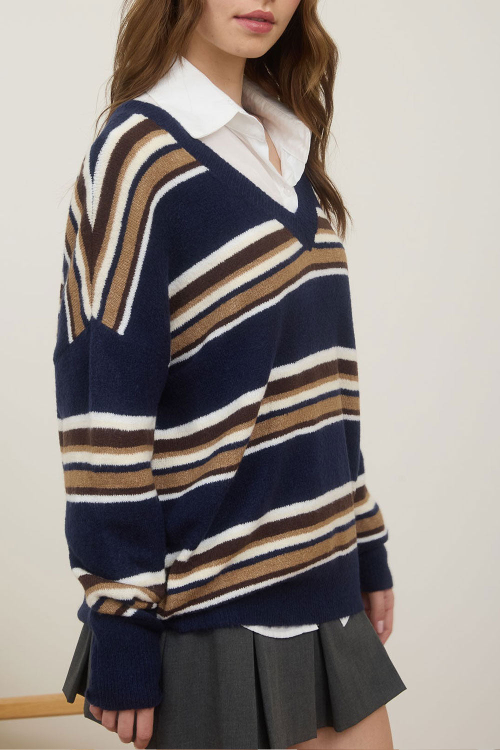 woman wearing Birethanti Striped and V-Neck Sweater from La petite garçonne Sideview