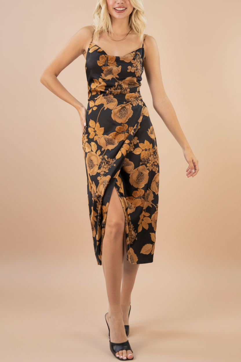 front slit of women wearing Hinaya Black Floral Cowl Neck Satin Midi Slip Dress from Boutique 1861