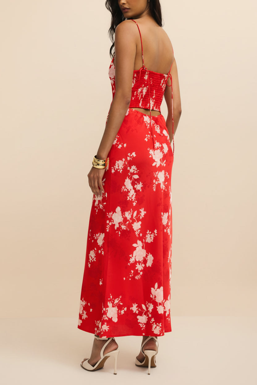 back of a woman wearing Bobbi Red Floral Fitted Midi Dress from Boutique 1861
