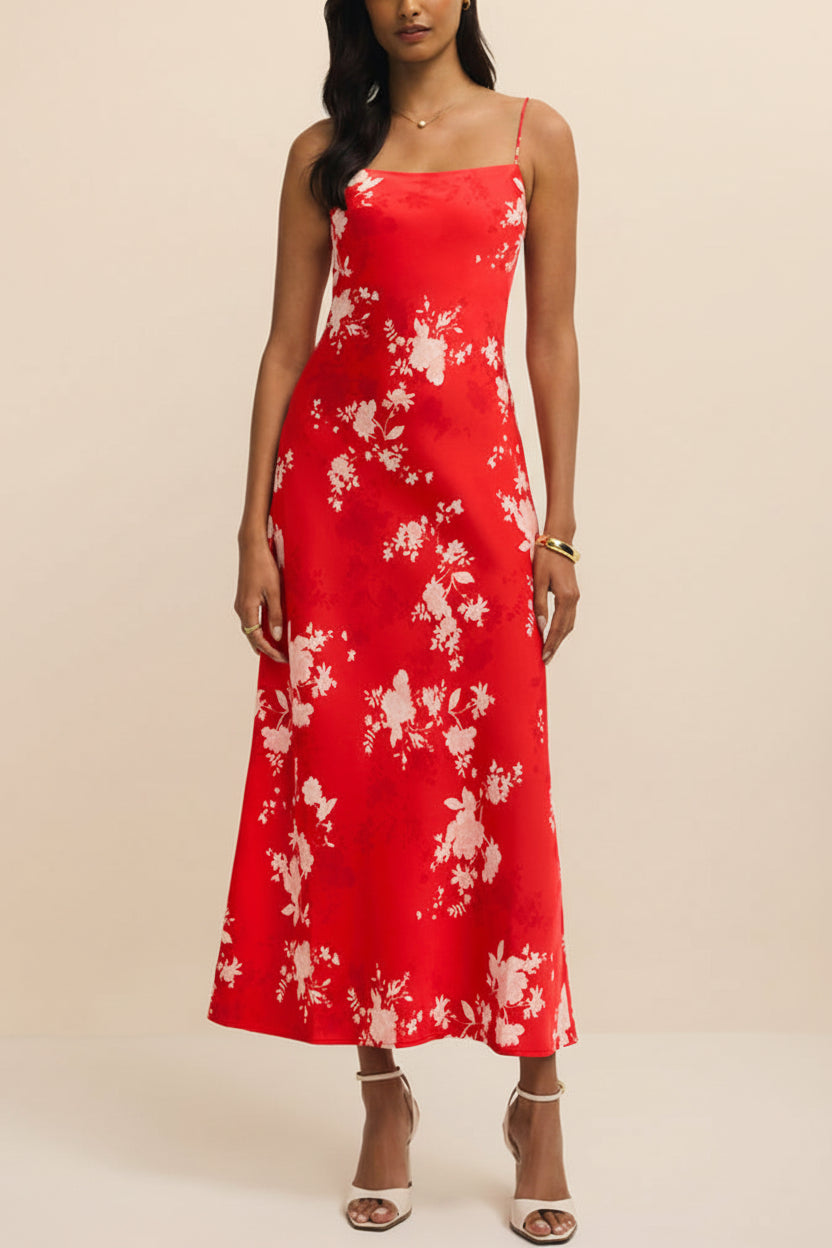 front of a woman wearing Bobbi Red Floral Fitted Midi Dress from Boutique 1861