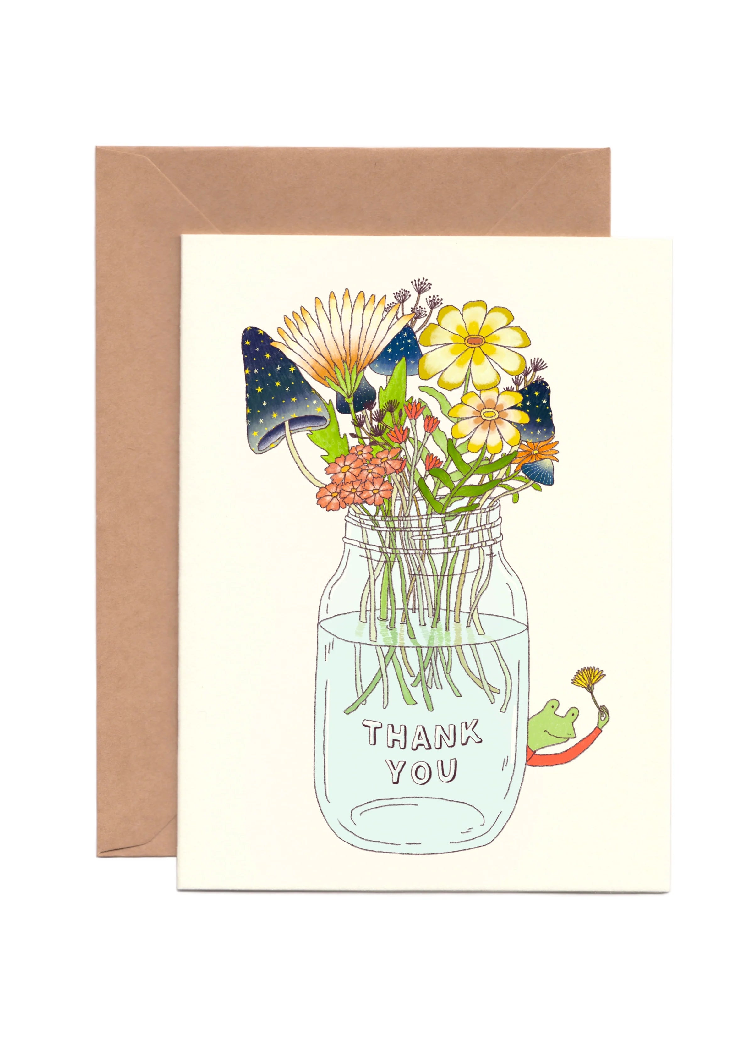 Greeting card with a mason jar of flowers and 'Thank You' text, brown envelope.