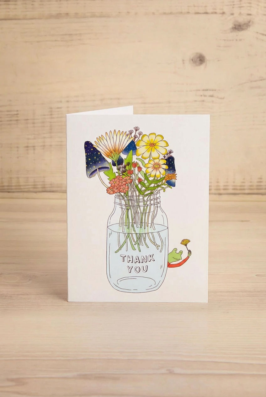 Greeting card with a jar of flowers and 'Thank You' text on a wooden surface
