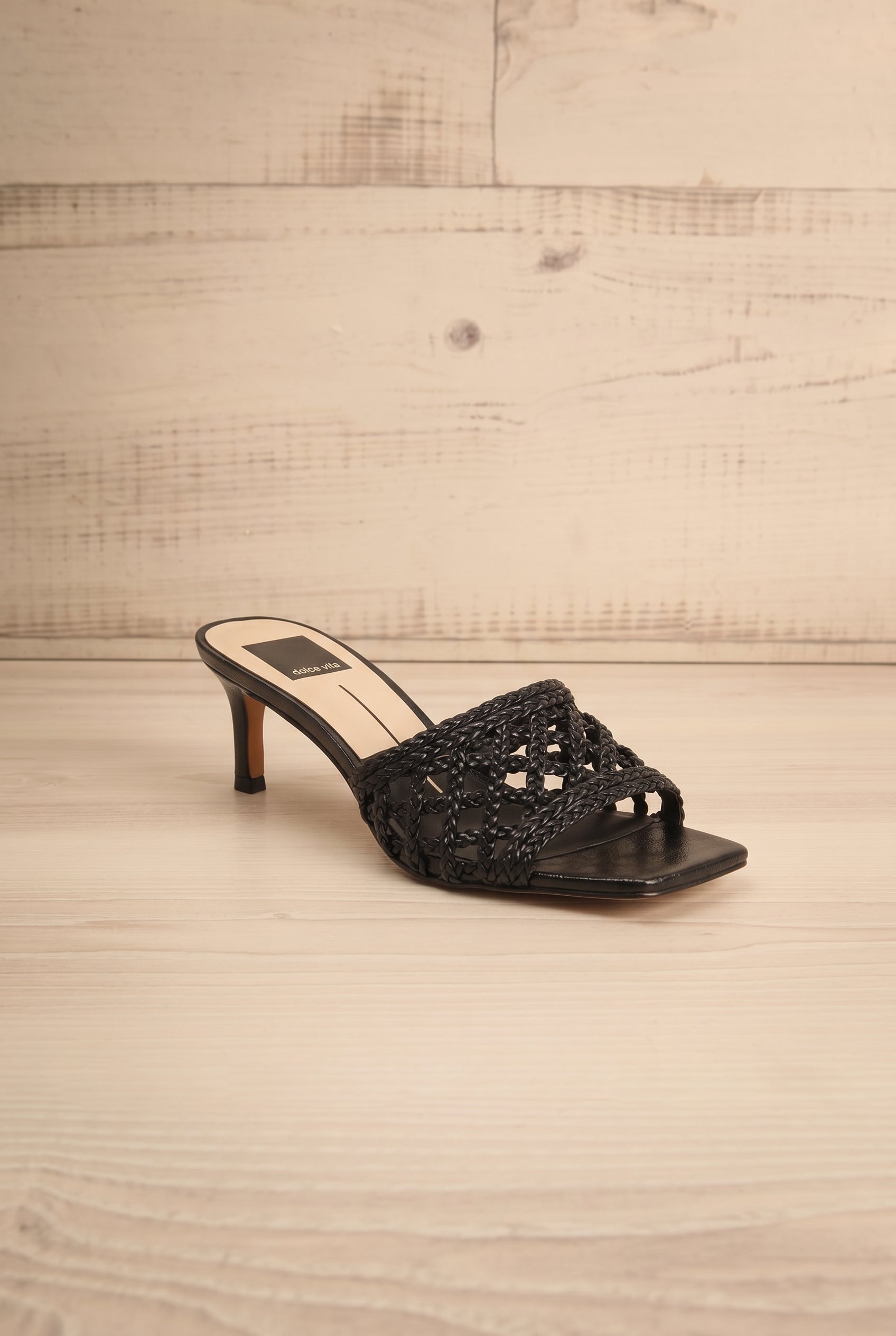 Dolce Vita Boween black Braided Faux Leather Kitten Heel Mules from la petite garçonne.