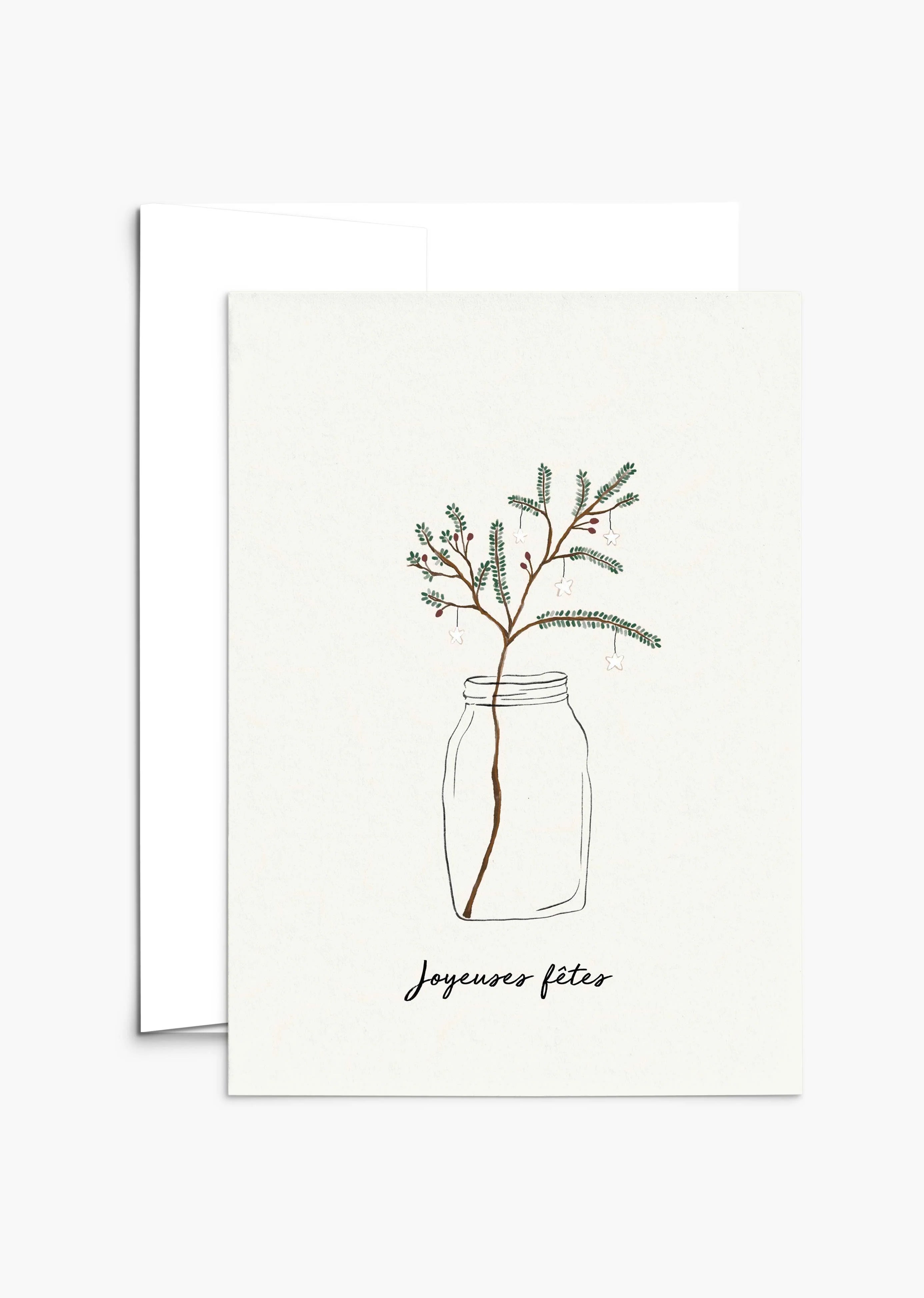 Christmas Card from Mimi & August with a drawing of a mason jar with branches and 'Joyeuses fêtes' text