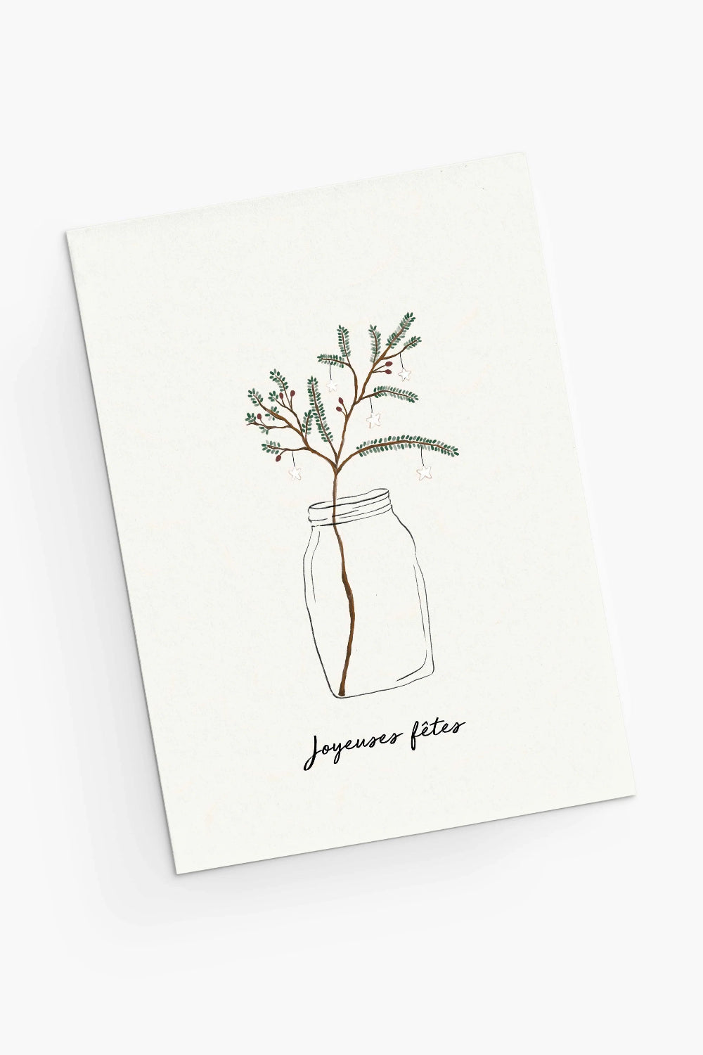 Christmas Card from Mimi & August with a drawing of a mason jar with branches and 'Joyeuses fêtes' text