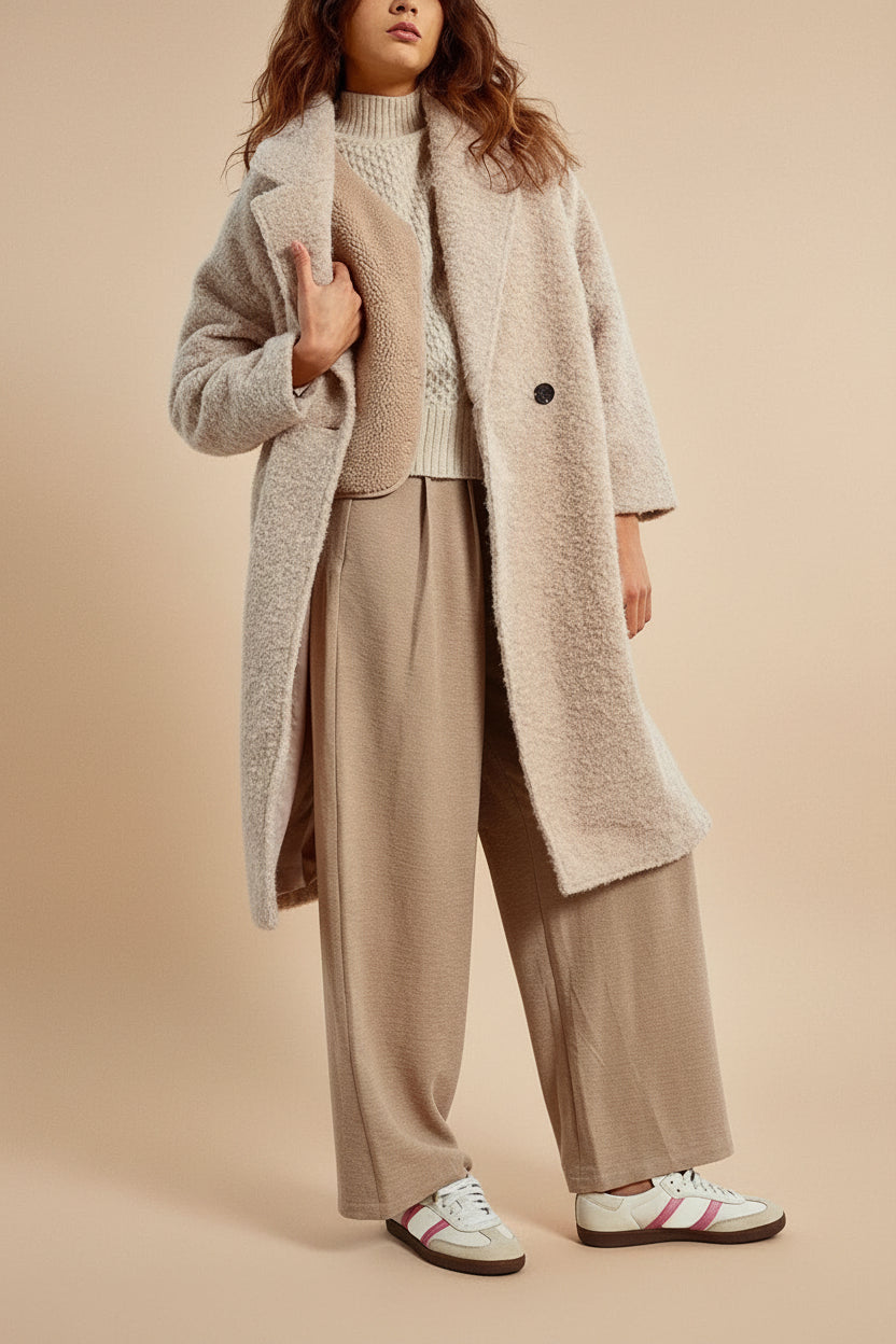 Budhanil Long Beige Fuzzy Coat | La petite garçonne model
