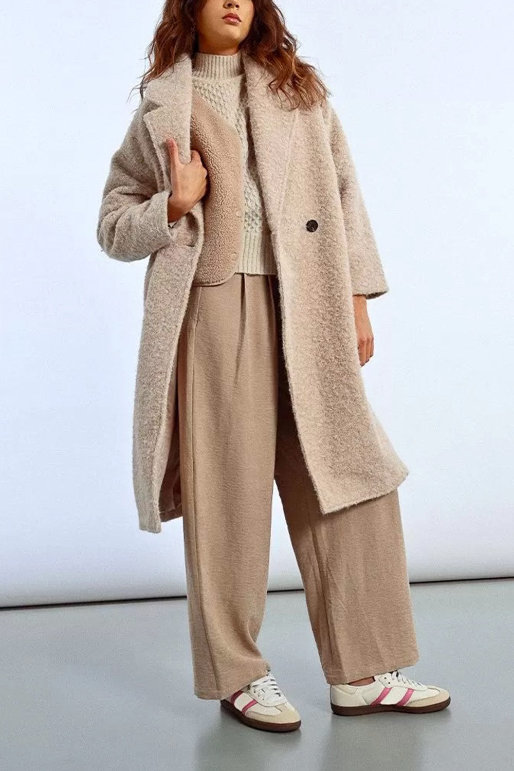 Budhanil Long Beige Fuzzy Coat | La petite garçonne model