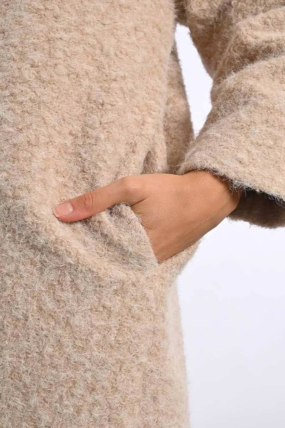 Budhanil Long Beige Fuzzy Coat | La petite garçonne model details