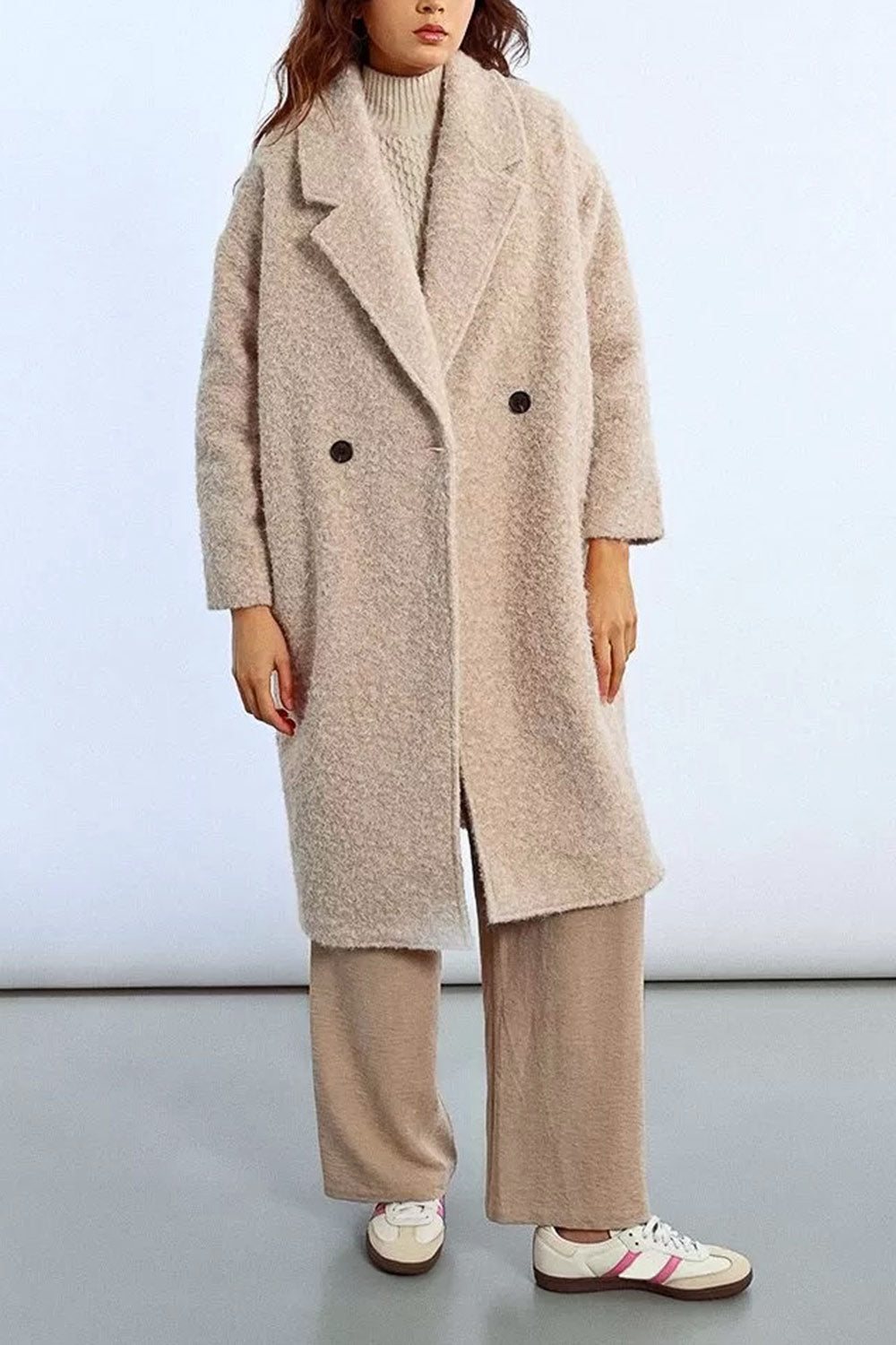 Budhanil Long Beige Fuzzy Coat | La petite garçonne model front