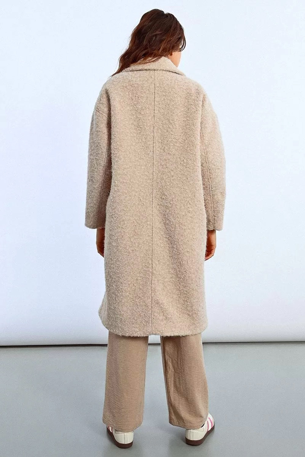 Budhanil Long Beige Fuzzy Coat | La petite garçonne model back