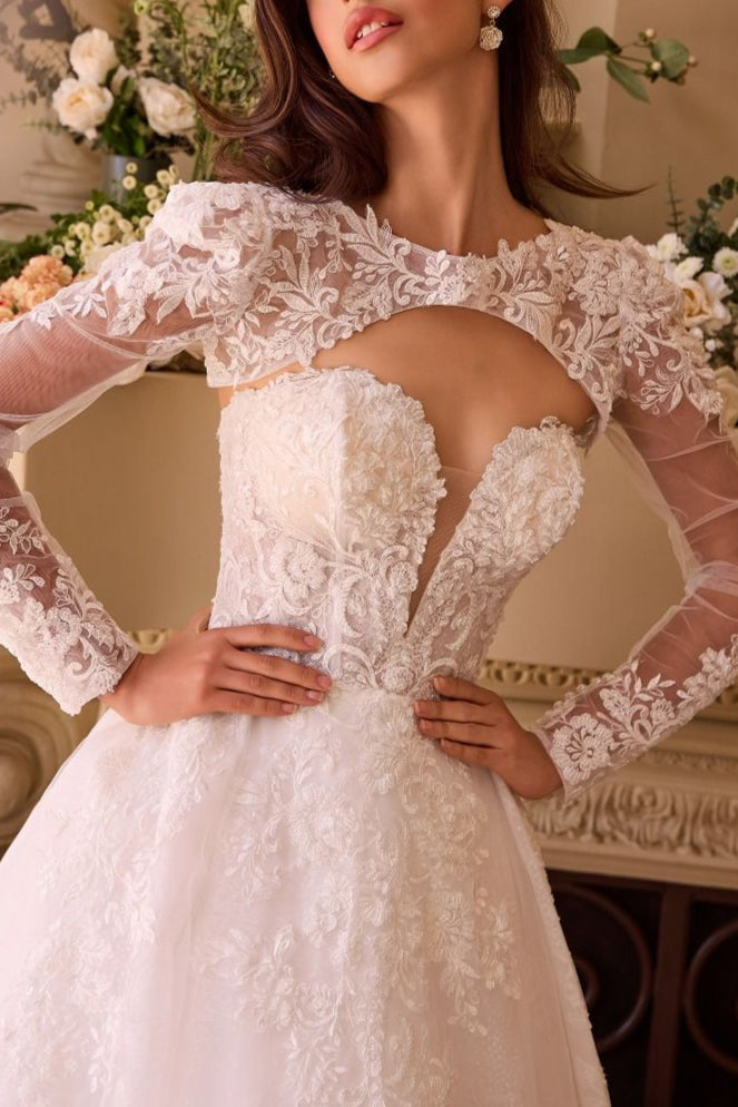 Beatrix Strapless Tulle Wedding Gown w/ Bolero | Boudoir 1861 front view details on a model